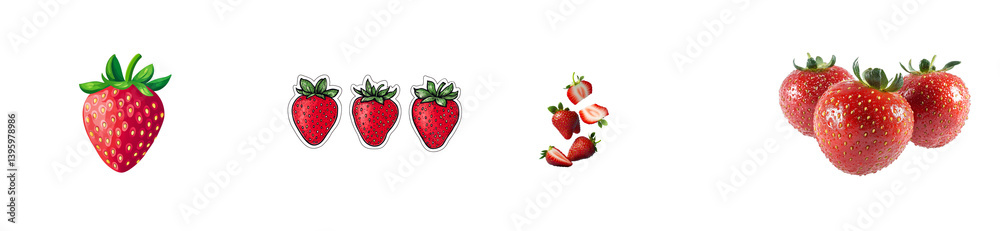 Strawberry assortment illustration and realistic photos, cut out transparent Strawberry assortment illustration and realistic photos, cut out transparent