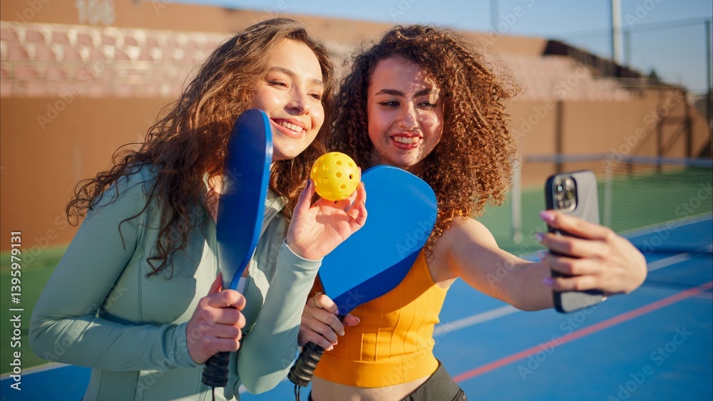 Portrait of young adult curly hair girls posing with pickleball paddles