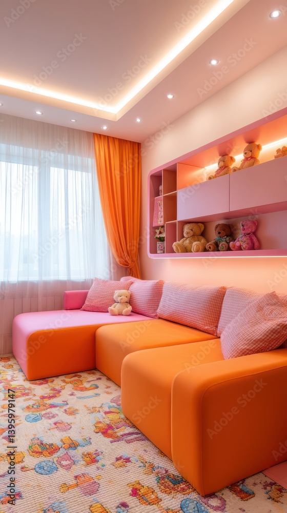 Fototapeta premium A large corner sofa in the children's room, with an orange and pink color scheme