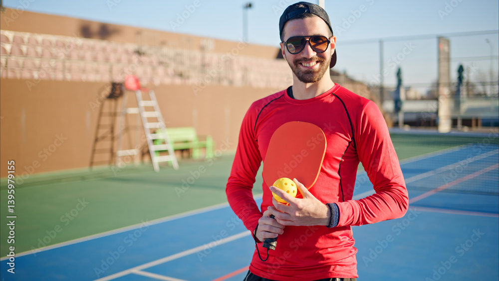 Portait of a young, happy and smiling man holding pickleball paddle