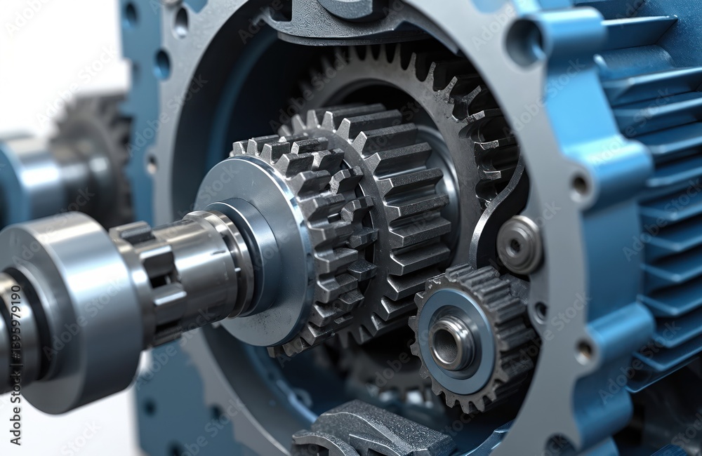 Close-up cross-section helical gearbox with motor. Metal gears, shafts, mechanical parts. Industrial engineering tech, manufacturing design. Power transmission, automation, automotive vehicle Close-up cross-section helical gearbox with motor. Metal gears, shafts, mechanical parts. Industrial engineering tech, manufacturing design. Power transmission, automation, automotive vehicle