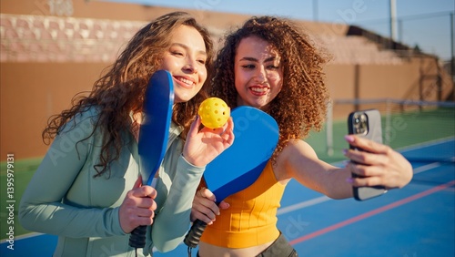 Obraz na płótnie Portrait of young adult curly hair girls posing with pickleball paddles w salonie