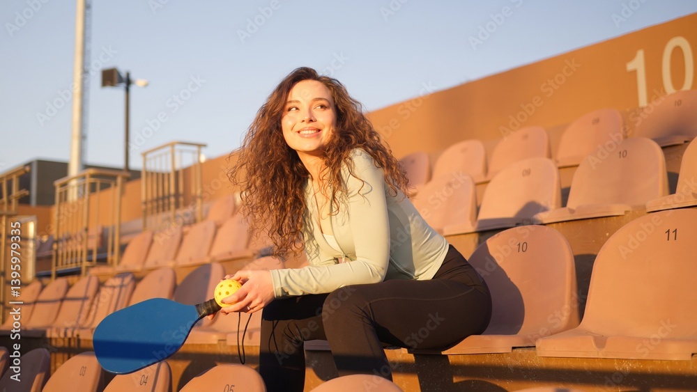Portrait of young girl adult posing with pickleball paddle and ball on stadium chairs