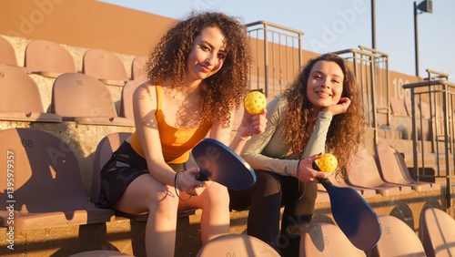Portrait of young women adults posing with pickleball paddle and ball on stadium chairs