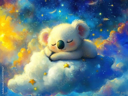 A cuddly koala sleeps peacefully on a fluffy cloud amongst stars and a vibrant night sky.  Soft colors and gentle light create a serene and dreamy atmosphere