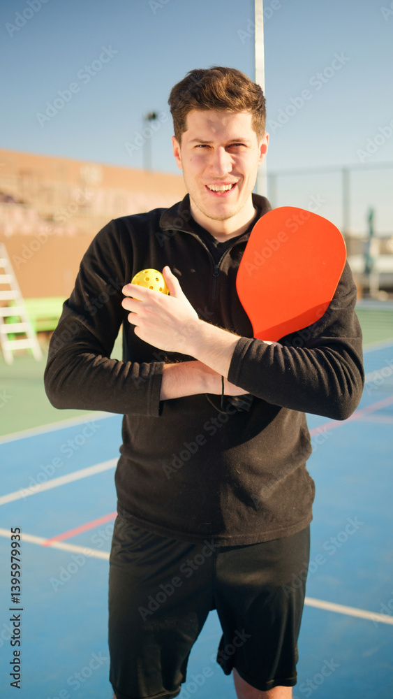 Portait of a young, happy and smiling man holding pickleball paddle