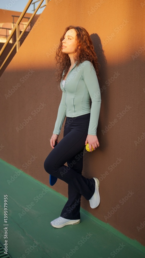 Portrait of a young, happy and smiling curly haired girl on the court