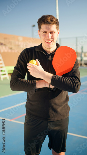 Obraz na płótnie Portait of a young, happy and smiling man holding pickleball paddle w salonie