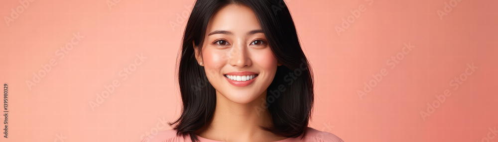 Obraz premium Serene Portrait of a Woman: The portrait captures a beautiful woman's smile against a backdrop, showcasing her elegance and charm in a timeless image of her happiness.