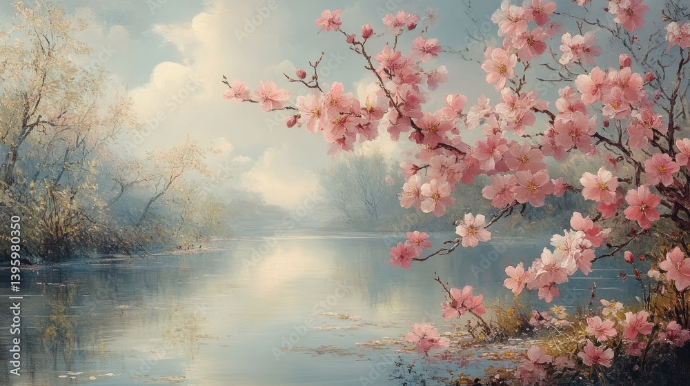 A calm spring morning with fresh blossoms and soft mist in the air A calm spring morning with fresh blossoms and soft mist in the air