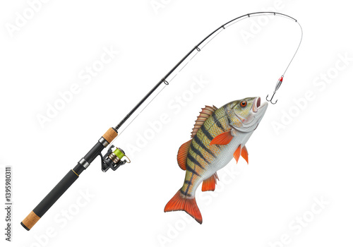 Isolated Perch Fish Caught on Fishing Rod with Lure