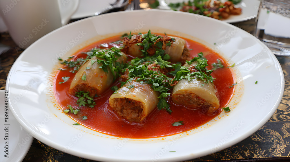 Delicious Sogan Dolma with Stuffed Onions in Tomato Sauce Garnished with Fresh Herbs Delicious Sogan Dolma with Stuffed Onions in Tomato Sauce Garnished with Fresh Herbs