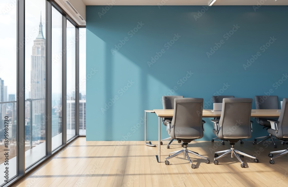 Fototapeta premium Luxury modern office meeting room with city view. Blue wall, wooden table, chairs, panoramic windows, bright daylight, workspace. Empty office interior, perfect for business, consulting, corporate,