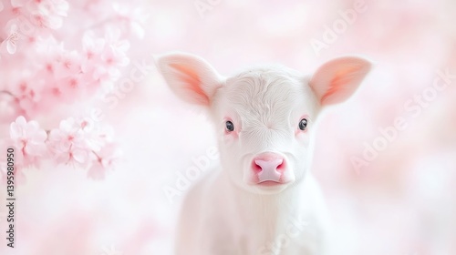 Wallpaper Mural Adorable Baby Calf in Pink Blossom Garden Torontodigital.ca