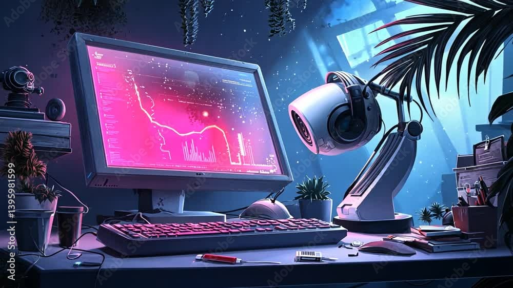 A vibrant workspace featuring a computer with colorful graphs, plants, and ambient lighting