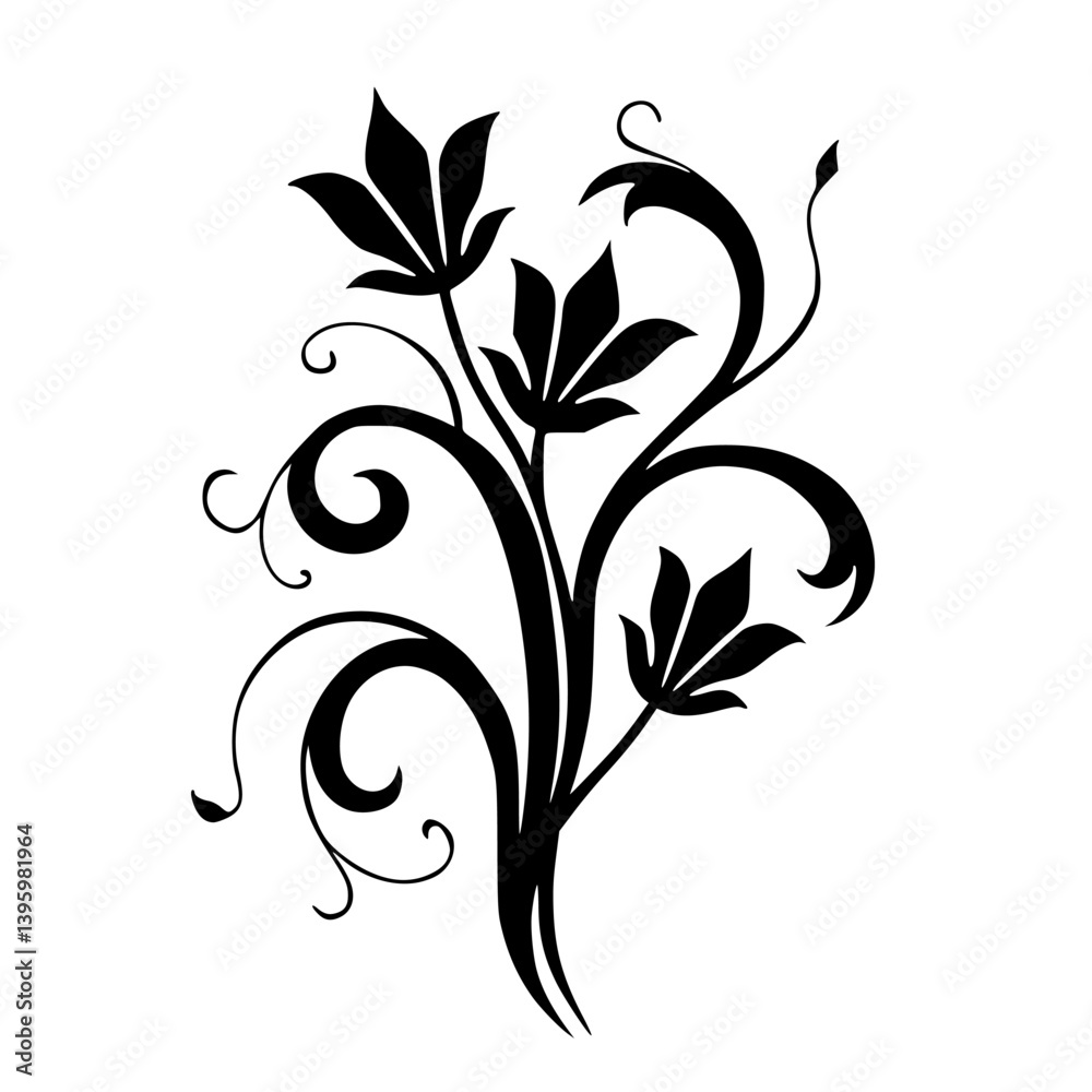 Black Floral Silhouette on White Background: Elegant Design Element Black Floral Silhouette on White Background: Elegant Design Element