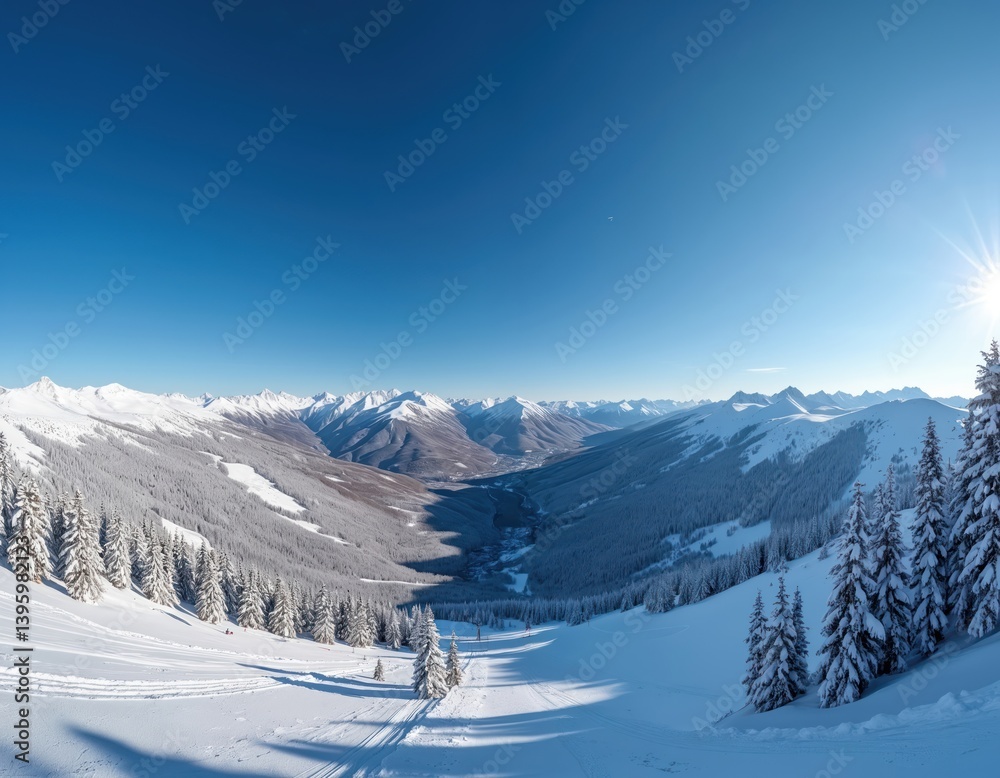 Fototapeta premium Scenic winter mountain view at Deer Valley ski resort, Utah. Snowy landscape, pine trees, bright blue sky, fresh powder snow. Ski slopes, scenic trails, perfect for winter sports vacations.