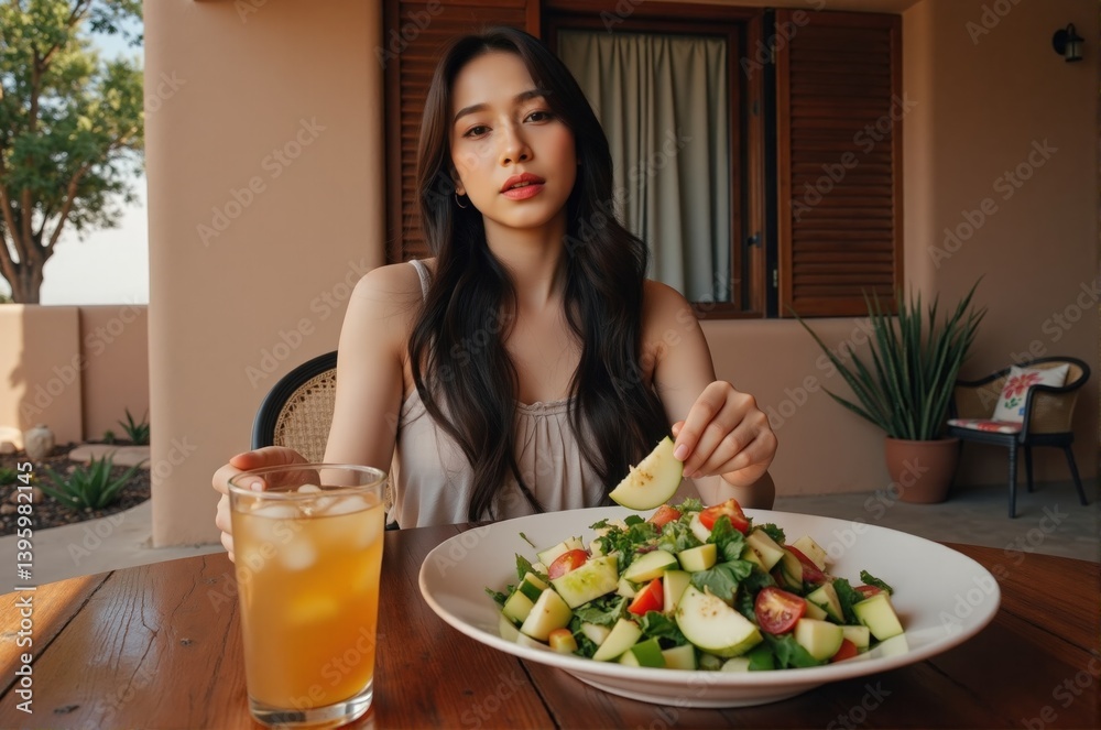 A smiling Latin woman enjoys a fresh vegetable salad while relaxing on the cozy front porch of her house natural daylight warm atmosphere A smiling Latin woman enjoys a fresh vegetable salad while relaxing on the cozy front porch of her house natural daylight warm atmosphere