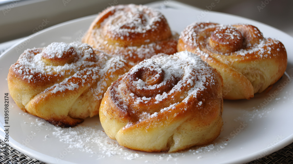 Freshly Baked Sweet Cinnamon Rolls Made with Rolled Yeast Dough Topped with Powdered Sugar Freshly Baked Sweet Cinnamon Rolls Made with Rolled Yeast Dough Topped with Powdered Sugar