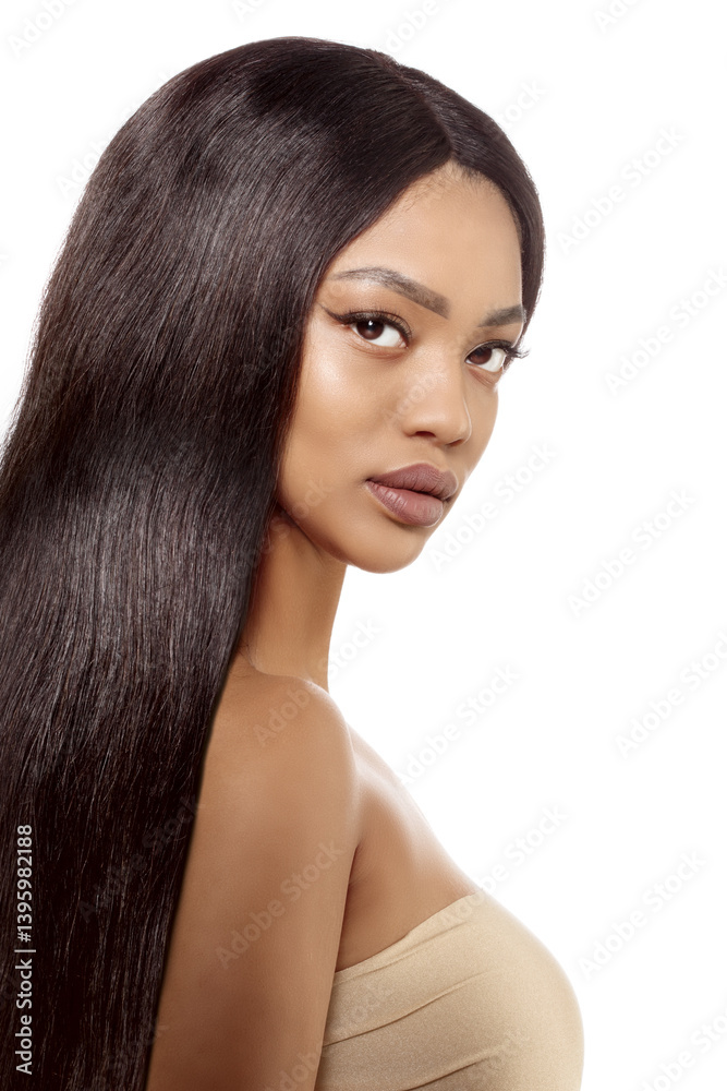 Fototapeta premium Beauty black skin woman African Ethnic female face. Young african american model with long hair