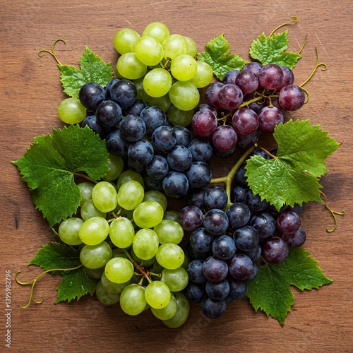 Assortment of fresh ripe green, red, and black grapes bunches with leaves flat lay top view on dark wood background