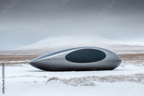 Futuristic, silver, pod-like vehicle parked on snowy landscape photo