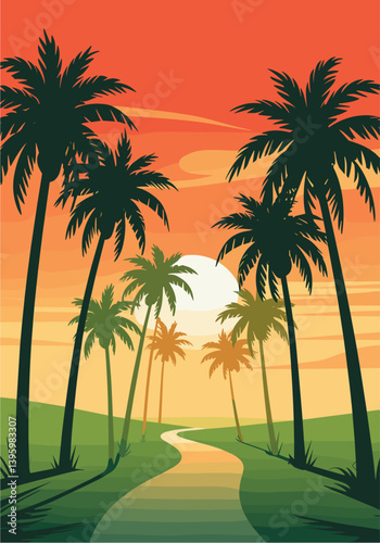 A tropical scene with palm trees and a sun in the sky. The palm trees are lined up along a path, and the sun is setting in the background. The scene has a warm, relaxing moo
