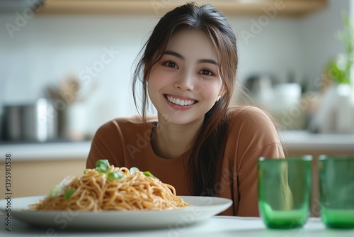 Smiling Woman in Casual Attire Enjoying Pasta Dish in Cozy Kitchen Setting