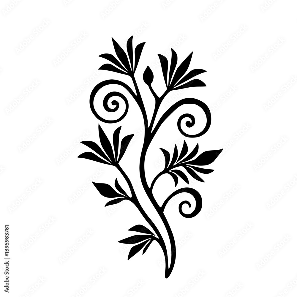 Elegant Black Floral Stem Design Element, Isolated on White