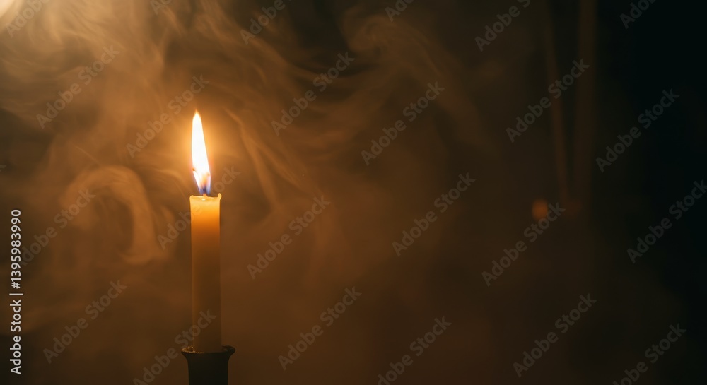Fototapeta premium Single Candle in Smoky Room - A lone candle burns brightly, casting a warm glow against a backdrop of swirling smoke. The atmosphere is mysterious and peaceful