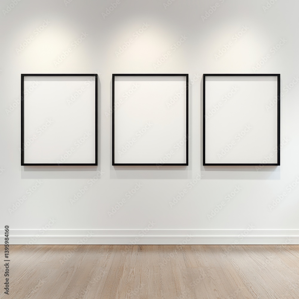 Three Blank Frames on White Wall in Gallery Interior Mockup Three Blank Frames on White Wall in Gallery Interior Mockup