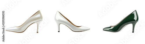 Stylish glossy high heel shoes, white, green elegant footwear, cut out transparent