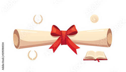 Diploma scroll with red ribbon and academic icons, educational achievement