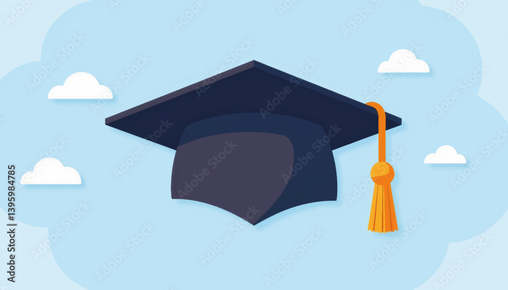 Classic graduation cap with tassel on sky blue background, academic achievement