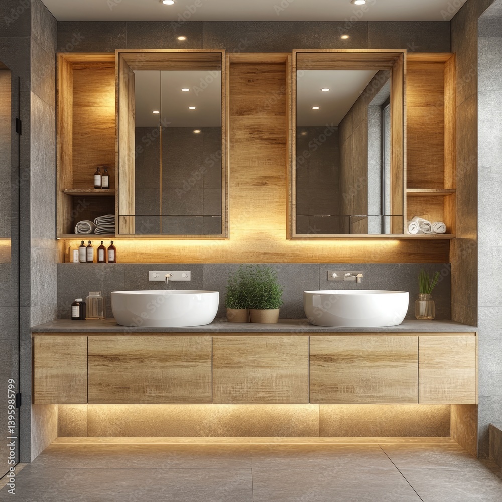 Modern, minimalist bathroom with warm tones. Wooden cabinets, illuminated mirrors, and sleek vanities