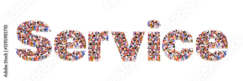  Large group of people forming word Service. Illustration symbolizes service, support, interaction between people, and customer focus. Vector Not AI generated