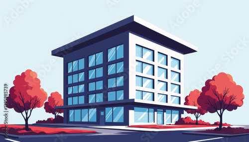 Modern commercial office building with geometric design, urban aesthetics