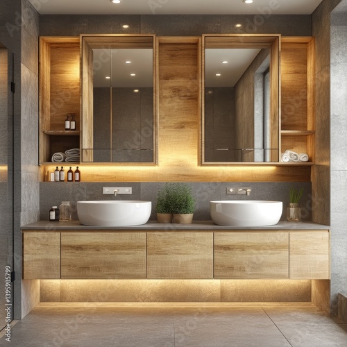 Obraz na płótnie Modern, minimalist bathroom with warm tones. Wooden cabinets, illuminated mirrors, and sleek vanities w salonie