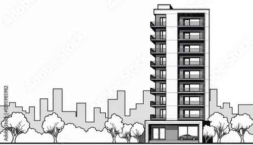 Modern apartment building illustration with city skyline, urban living
