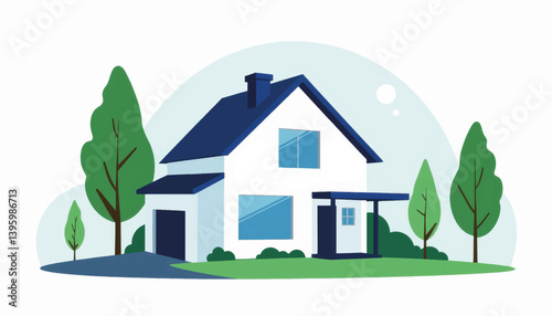 Modern residential house with green trees in flat design, home concept