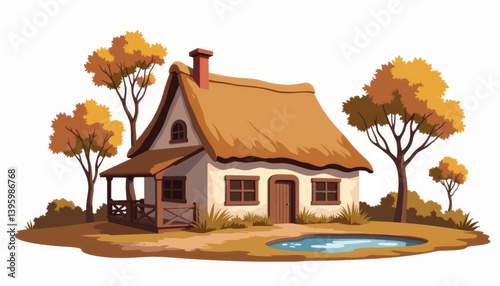 Rustic country cottage with thatched roof by serene pond, tranquility