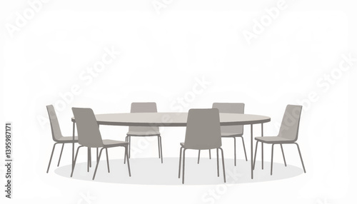 Minimalistic circular study seating arrangement with light grey furniture, productivity