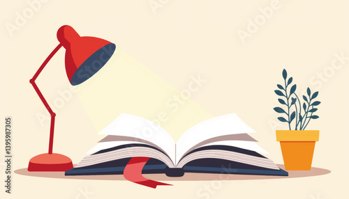 Minimalist book illustration with lamp and plant, cozy reading space