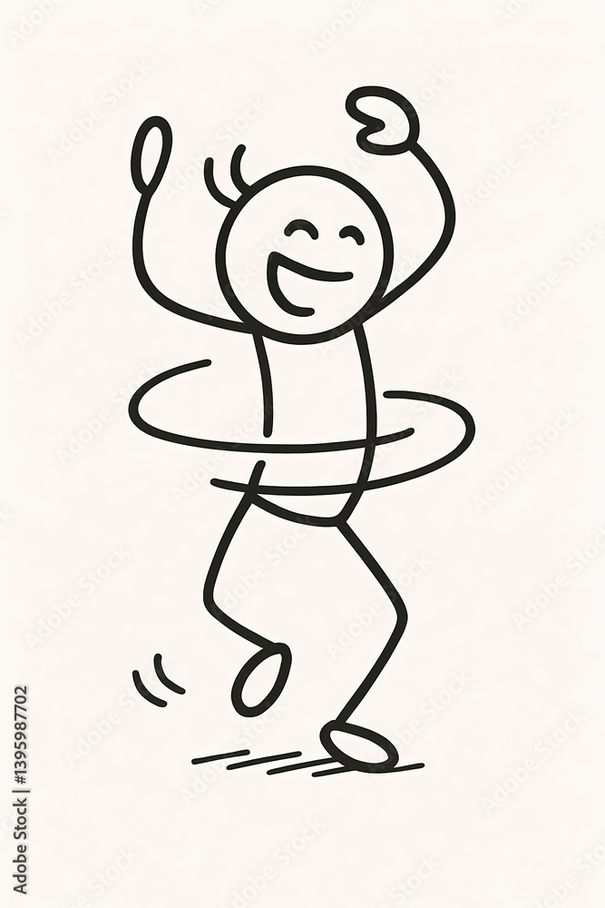 Cheerful stick figure illustration of a happy character hula hooping, representing fun, movement, playfulness, and carefree energy. Cheerful stick figure illustration of a happy character hula hooping, representing fun, movement, playfulness, and carefree energy.