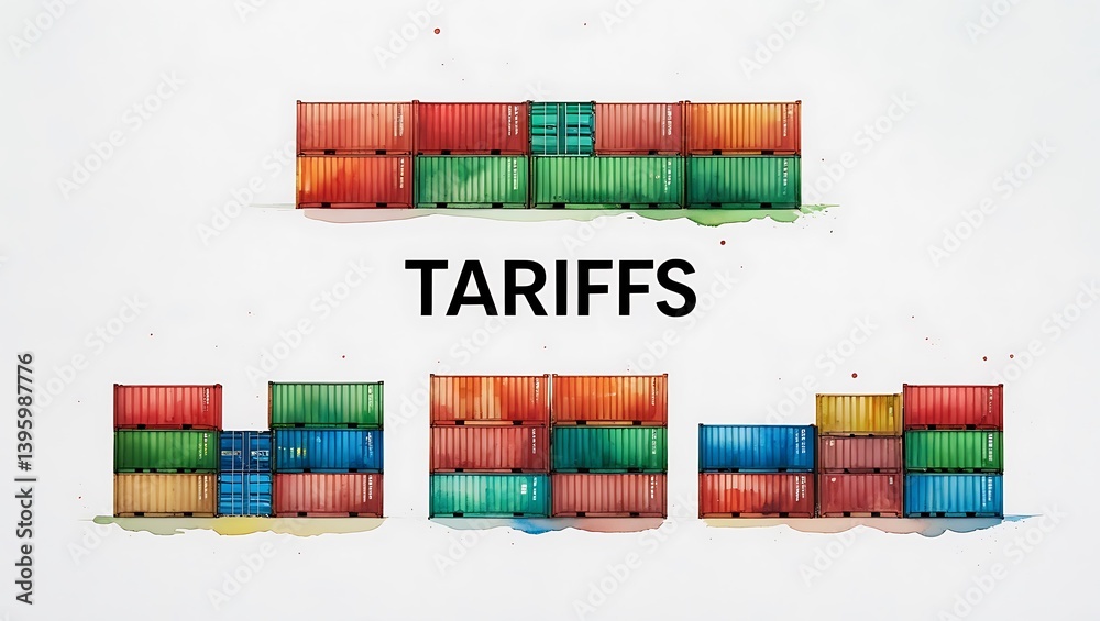 Fototapeta premium Colorful container boxes watercolor with 'TARIFFS' text below on white background, trade concept.