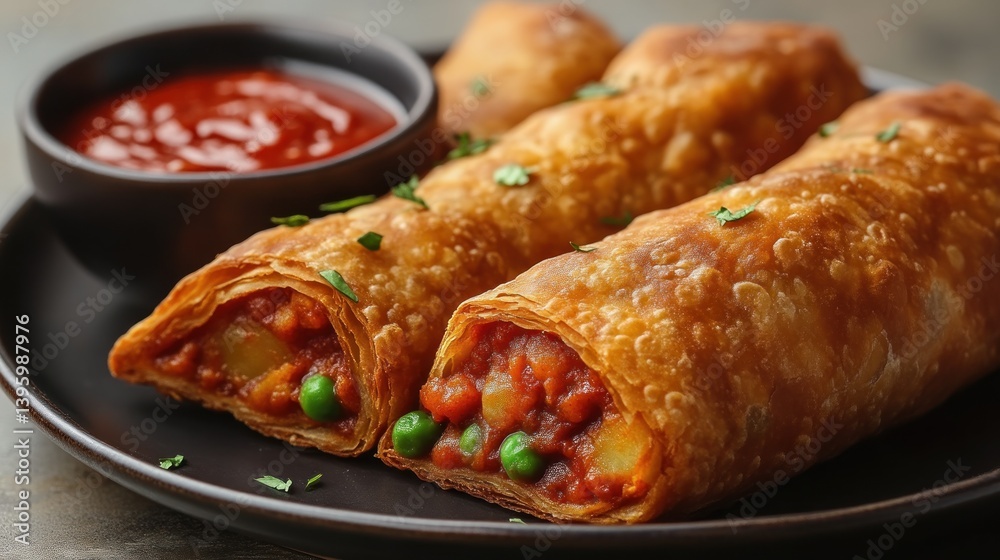 Crispy Golden Egg Rolls with Fresh Garnish and Dipping Sauce Perfect for Snacks or Party Platt Crispy Golden Egg Rolls with Fresh Garnish and Dipping Sauce Perfect for Snacks or Party Platt