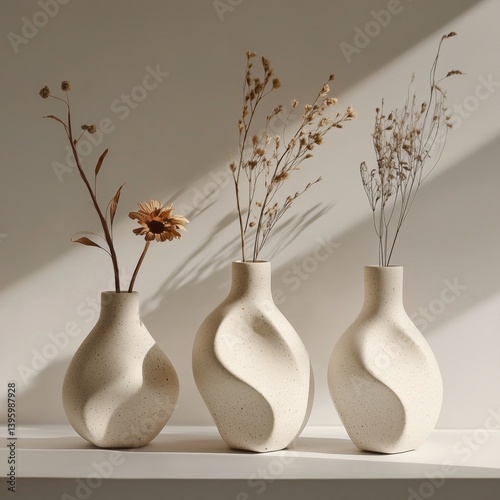 Natural Dried Flowers in Minimalistic Vases on a Soft Light Background