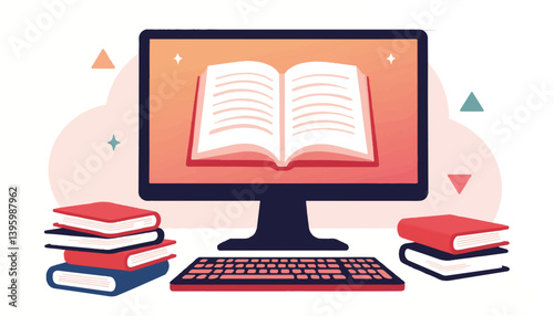 Abstract computer monitor displaying open book with keyboard, digital learning