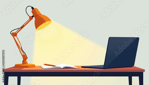 Geometric desk lamp illuminating tidy workspace, creative inspiration