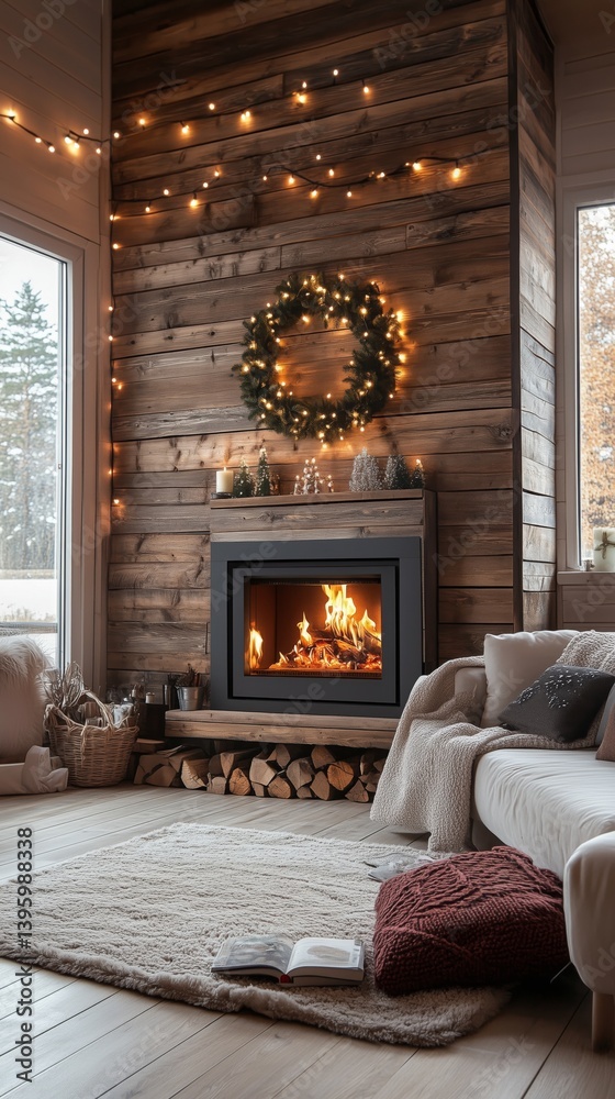Fototapeta premium Cozy Living Room With Fireplace and Holiday Decorations in Rustic Style